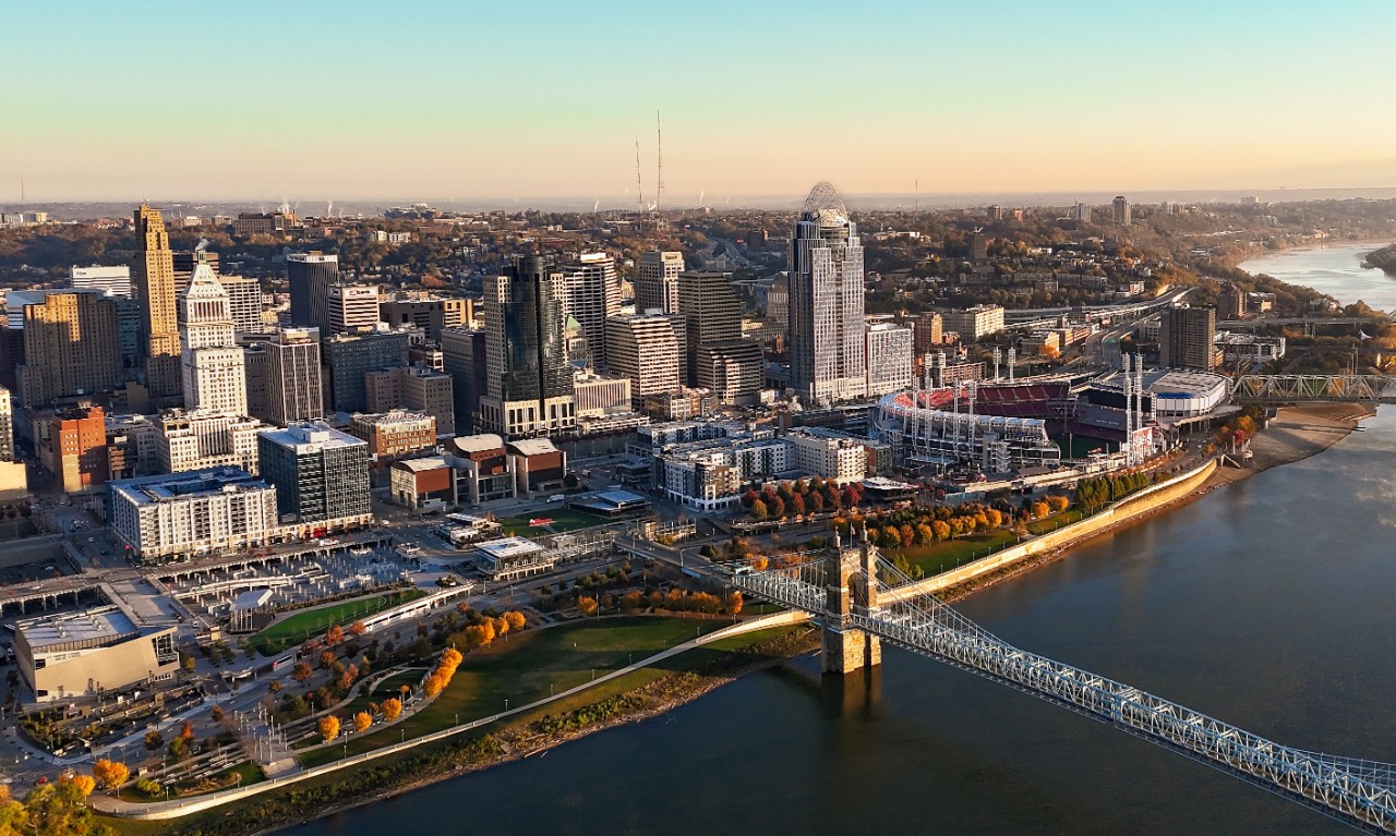 Skyline
Drone photo of Cincinnati city skyline from above the Ohio River. Roebling Suspension Bridge