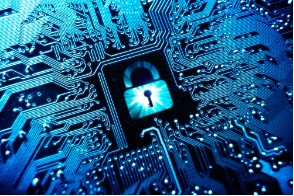 generated image of a lock with many electronic lines running towards it.