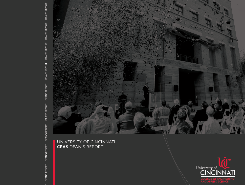 magazine cover with black and white photo of Mantei Center and the words Dean's Report and the University of Cincinnati College of Engineering and Applied Science