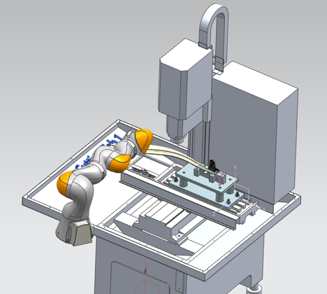 Diagram of robotic cell for removing tabs from engine blade